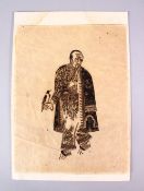 A GOOD CHINESE RUBBING ON PAPER OF AN IMMORTAL FIGURE, stood with a bird upon his hand, a pipe in