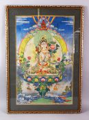 A CHINESE TIBETAN THANKA, the thanka depicting seated buddha upon lotus, framed 74cm x 52cm.