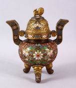 A CHINESE CLOISONNE TRIPOD CENSER & COVER - the censer with raised enamel lotus and symbolic