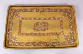 A LARGE EARLY 19TH CENTURY SOUTH INDIAN TANJORE SILVER AND COPPER INLAID RECTANGULAR TRAY, 59cm x