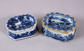 TWO 18TH CENTURY CHINESE BLUE & WHITE SALTS, each with underglaze blue landscape decoration, one af,