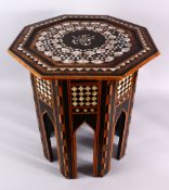 A 19TH CENTURY TURKISH OTTOMAN INLAID MOTHER OF PEARL & EBONY OCTAGONAL TABLE, the top inlaid with