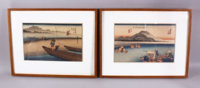 A GOOD PAIR OF JAPANESE WOODBLOCK PRINTS - LANDSCAPES, each depicting a native waterside landscape