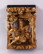 A SMALL 19TH CENTURY CHINESE GILTWOOD PANEL, carved to depict a warrior on horseback, 17cm x 11cm.