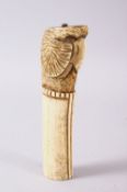 A 19TH CENTURY INDIAN MUGHAL CARVED IVORY BIRD FORMED DAGGER HANDLE, 13cm