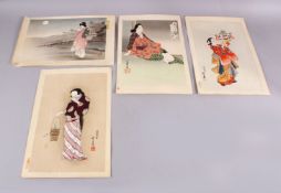 A LOT OF FOUR JAPANESE WOODBLOCK PRINTS - each depicting the scene of a female, two by the same