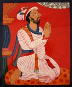 AN INDIAN SIKH SCHOOL MINIATURE PAINTING OF A PRAYING MAN, the man knelt and in prayer, mounted,