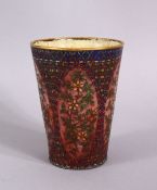 A CHINESE 19TH CENTURY CLOSIONNE BEAKER, with floral motif decorated panels and enameled interior,