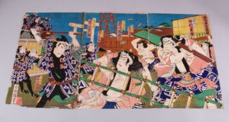 THREE TRIPTYCH JAPANESE MEIJI PERIOD WOODBLOCK PRINTS BY KACHORO - each triptych depicting varying