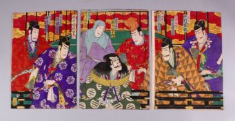 FOUR JAPANESE TRIPTYCH WOODBLOCK PRINTS - KUNISADA & KUNICHIKA - KABUKI THEATRE PLAY, by kunisada