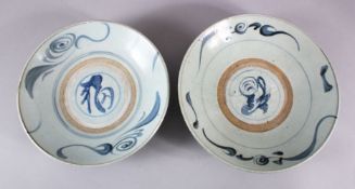 TWO CHINESE MING BLUE & WHITE PORCELAIN BOWLS, with underglaze blue motif decoration, 30cm
