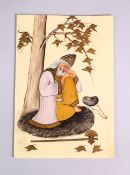 A ISLAMIC PAINTING ON POSSIBLY BONE OR IVORY SLITHER, the figure seated under a tree with his head