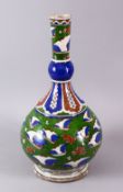 AN 18TH CENTURY TURKISH IZNIK POTTERY LONG NECK VASE, the body with lappet and motif decoration upon