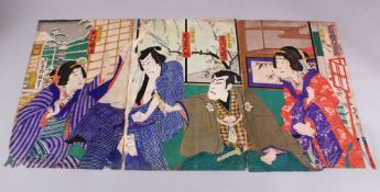 THREE TRIPTYCH JAPANESE MEIJI PERIOD WOODBLOCK PRINTS BY KACHORO - each triptych depicting varying