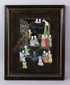 AN INDIAN MINIATURE PAINTING ON TEXTILE - depicting many figures and a horse in a garden setting,