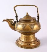 A CHINESE TIBETAN BRASS KETTLE & COVER, of tapered form with panel foliage motif, 26cm high x 24cm