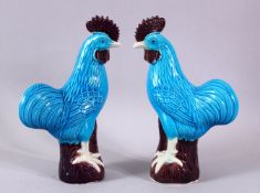 A PAIR OF CHINESE TURQUOISE GLAZED FIGURES OF CHICKENS, stood upon stylized rocky bases wioth