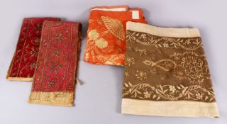 FOUR POSSIBLY 17TH CENTURY INDIAN MOGUL EMBROIDERED TEXTILES, one with a beige ground with floral