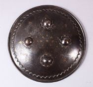 A 19TH CENTURY INDIAN INLAID SILVER & GOLD STEEL SHIELD, with four raised stud bosses, inlaid with