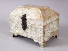 A GOOD INDIAN INLAID MOTHER OF PEARL CASKET FORM LIDDED BOX, with pearl inlaid throughout, metal
