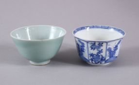 TWO CHINESE PORCELAIN BOWLS, one kangxi style with panel decoration of flora, the base wwith a six