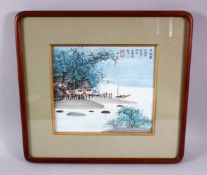 A CHINESE FRAMED PAINTED WATERSIDE LANDSCAPE VIEW, the picture painted on paper, depicting a