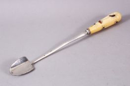 A JAPANESE MEIJI SPOON WITH A SHIBAYAMA IVORY HANDLE, the handle with insects, 24cm long.