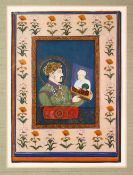 AN INDIAN PORTRAIT PAINTING OF JAHANGIR - depicted holding a portrait of a man, mounted, 34cm x