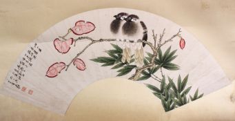 A CHINESE MOUNTED PAINTED PAPER FAN - TWO BIRDS, the fan panel stuck to card, depicting two seated