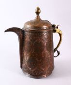 A 19TH CENTURY INDO PERISAN TINNED COPPER CALLIGRAPHIC JUG / EWER, the body with carved floral