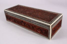 A 19TH CENTURY INDIAN CARVED AND INLAID SANDALWOOD BOX, the top carved with birds and floral motif