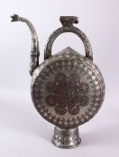 A LARGE PERSIAN TINNED COPPER SAFAVID EWER, the body carved with scrolling floral decoration and