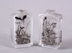 TWO CHINESE REVERSE PAINTED GLASS SNUFF BOTTLES, one depicting seated immortals and horses, with