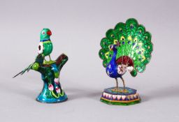 TWO 19TH / 20TH CENTURY INDIAN ENAMEL BIRD FIGURES, one of a peacock, the other of a bird upon