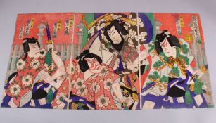 THREE JAPANESE MEIJI TRIPTYCH WOOD BLOCK PRINTS - UNKNOWN ARTIST - each tryptick depicting kabuki