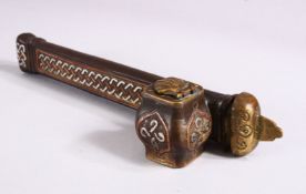 A 19TH CENTURY TURKISH INLAID SILVER & COPPER CALLIGRAPHIC PEN BOX & INKWELL, 23cm