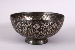 A FINE 19TH CENTURY INDIAN BIDRI SILVER INLAID BOWL, 12.5cm diameter.