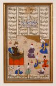 A QAJAR MINATURE PAINTING ON MANUSCRIPT - depicting figures before a prince, in calligraphic
