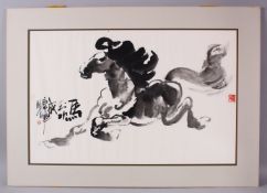 A CHINESE INKWORK PAINTING OF A STYLIZED HORSE - MA DAO CHENG GONG, the horse in a a stylized