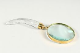 A MAGNIFYING GLASS WITH CUT GLASS HANDLE