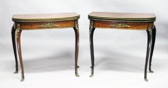 A SUPERB NEAR PAIR OF LINKE MODEL PARQUETRY CARD TABLES, with crossbanded folding tops, green