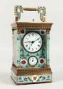 A LARGE CLOISONNE ENAMEL CARRIAGE CLOCK with strike action. 6.5ins high