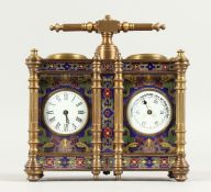 A GOOD CLOISONNE DOUBLE FRENCH CLOCK WITH CLOCK BAROMETER. 5ins high.