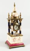 A SUPERB VIENNA PORCELAIN AND GILT METAL PILLAR CLOCK painted with cupids with blue and gilt