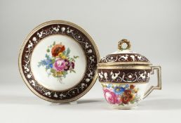 A DRESDEN AUGUSTUS REX CORDIAL CUP AND SAUCER AND LID, painted with flowers Augustus Rex mark.