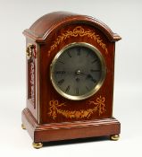 A GOOD MAHOGANY INLAID MUSICAL BRACKET CLOCK, with dial, 8 day movement, sitting on four hammers