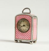 A SUPERB TINY SILVER AND ENAMEL CLOCK, VERNIER, GENEVA,on ball feet 1.75ins.