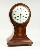 A MAHOGANY INLAID BALLOON CLOCK with blue and white dial and French movement. 13ins high.