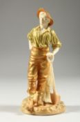 A ROYAL WORCESTER GILDED FIGURE 'THE GARDENER' a young man resting on a spade. Pattern no. 1810,