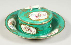 A GOOD SEVRES PORCELAIN CIRCULAR BOWL AND COVER painted with vignettes of flowers and fruit. 7ins